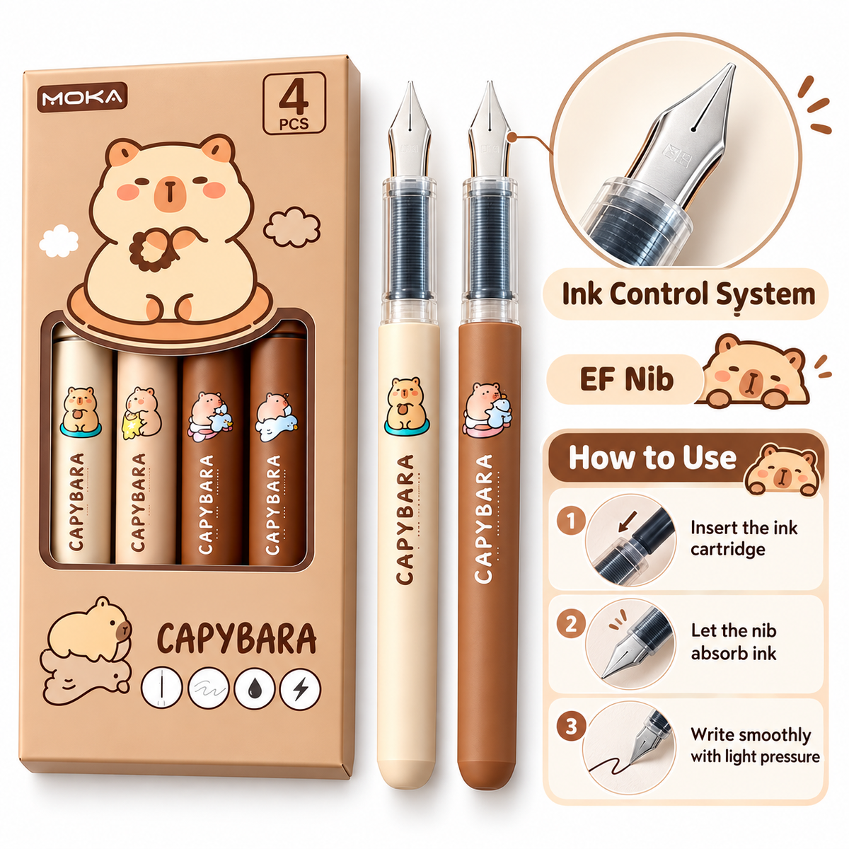 Quick-Dry Fountain Pen Set | 4-Piece Cute Character Collection
