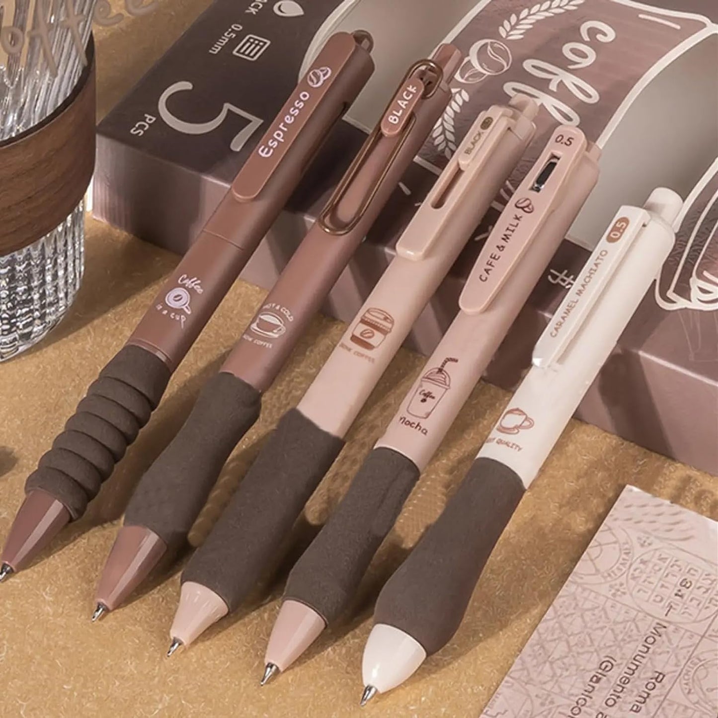 Cozy Writing Ritual Pens – Coffee & Lavender Set (5 pcs)