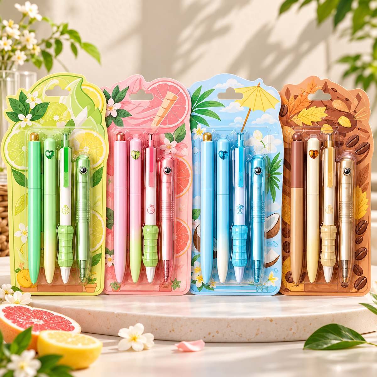 Aesthetic Gel Pen Set - 4 Cute Pens | Fruit & Coffee Collection