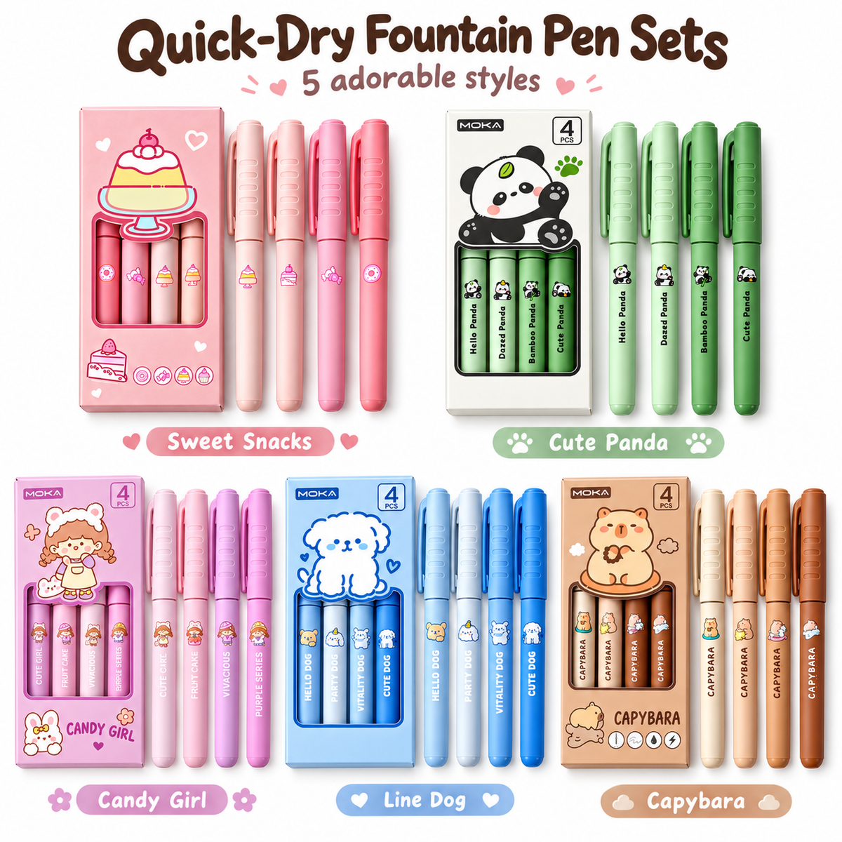 Quick-Dry Fountain Pen Set | 4-Piece Cute Character Collection